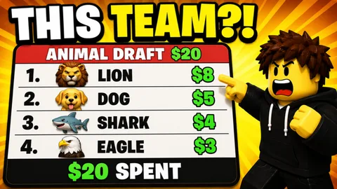 A Roblox avatar points at an Animal Draft board listing Lion, Dog, Shark, and Eagle totaling twenty dollars spent